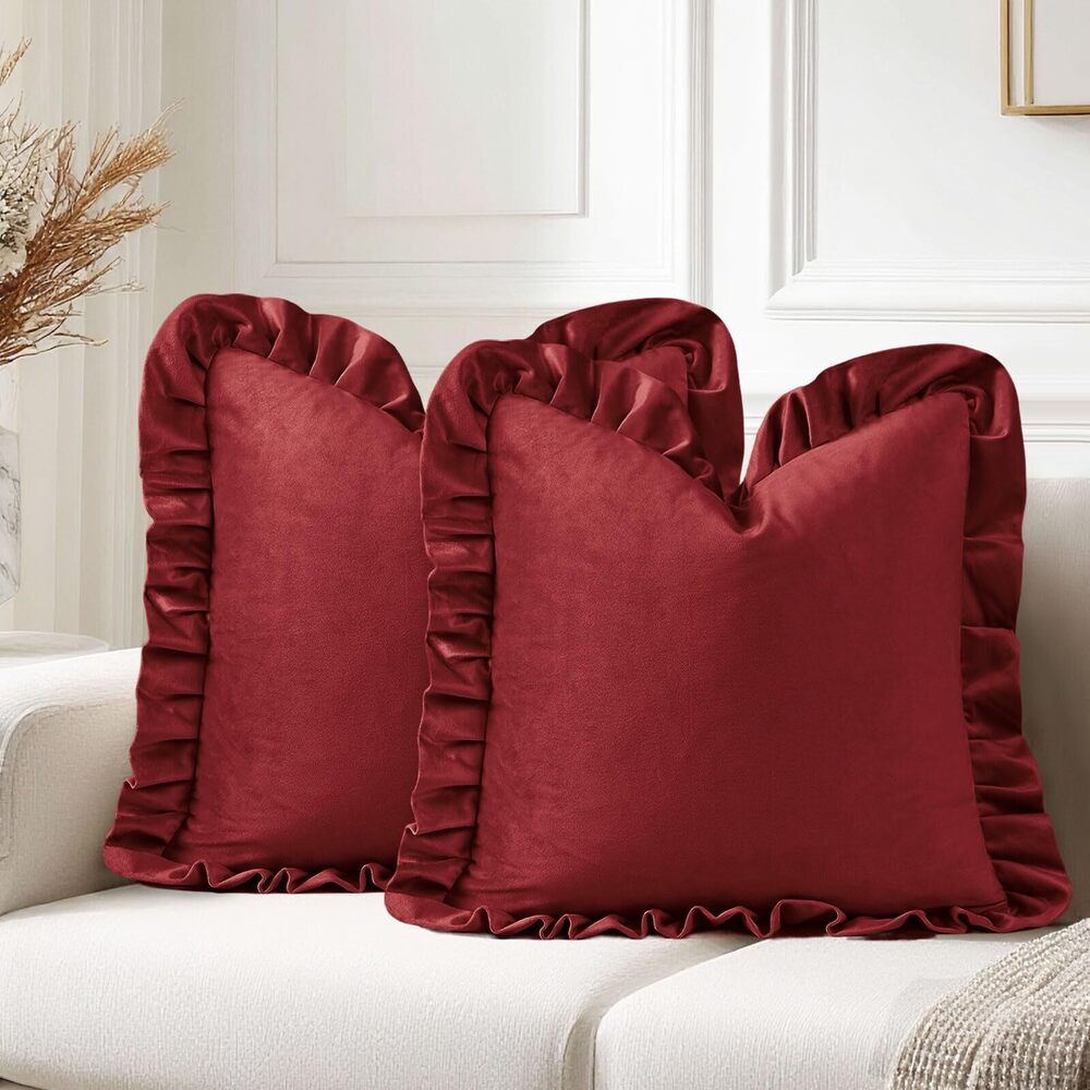 2683 Burgundy Velvet Throw Pillow Covers with Ruffles, Soild Decorative